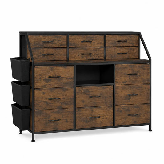 Kommode aus Holz und Metall, 9 Schubladen, Braun/Schwarz