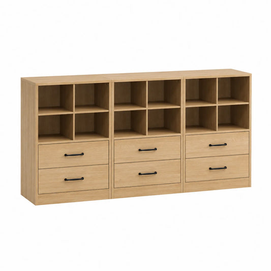 Regalkommode aus MDF mit Eichenoptik, 6 Schubladen und 9 Fächer