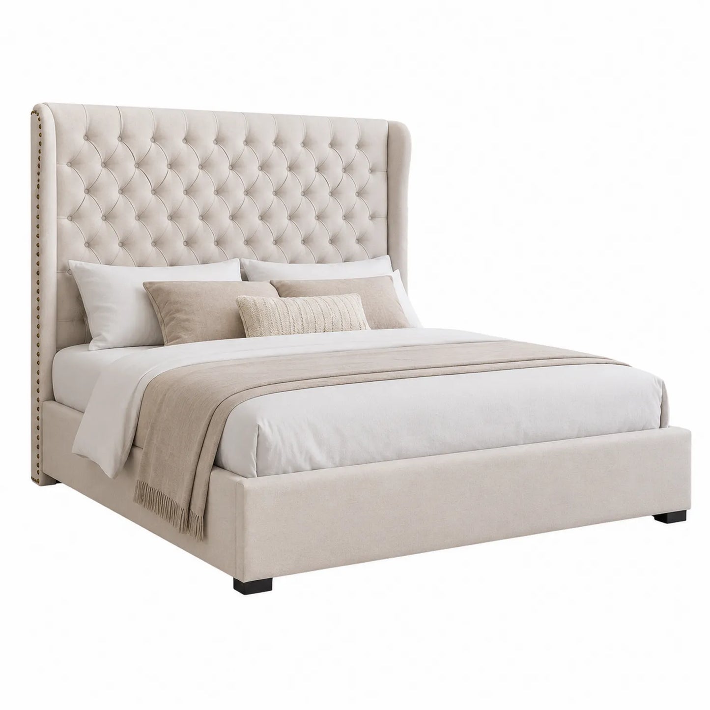 Stoffbett mit gestepptem Kopfteil in Beige 200x180 cm