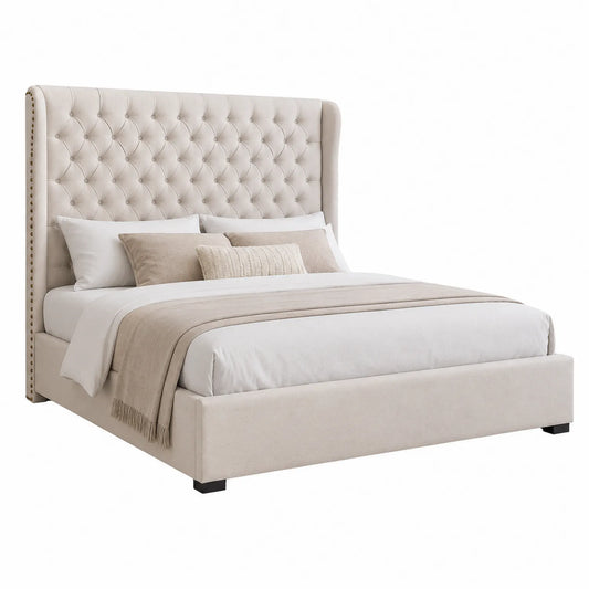 Stoffbett mit gestepptem Kopfteil in Beige 200x180 cm