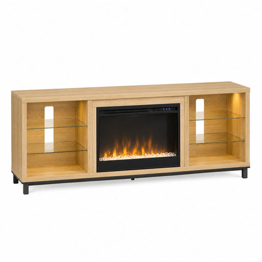 TV-Möbel mit elektrischem Kamin und Glasregalen, Eichenoptik/Metall, 180 cm
