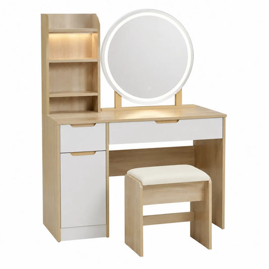 Schminktisch Set aus Holz Weiß mit Hocker und LED-Spiegel, 120 cm