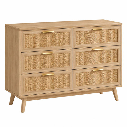 Kommode aus Holz und Rattan mit 6 Schubladen Natur 120x40x80cm