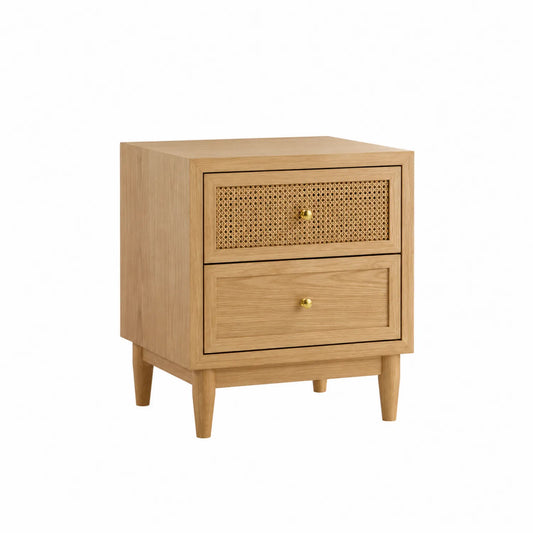 Nachttisch aus Eichenholz und Rattan mit 2 Schubladen 50x40x60 cm