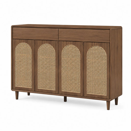 Kommode aus Walnussholz und Rattan, 4 Türen, 2 Schubladen, 120x80x40cm
