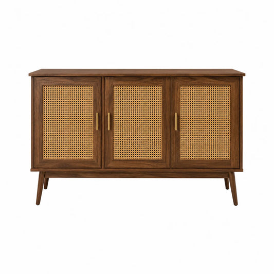Sideboard aus Walnussholz und Geflochtenem Rattan mit Drei Türen, Braun, 150x45x80 cm