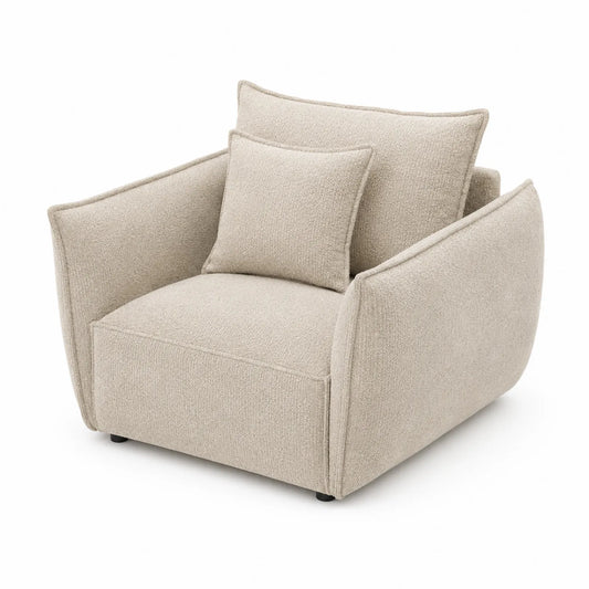 Bouclé Sessel mit Holzrahmen und Kissen Beige